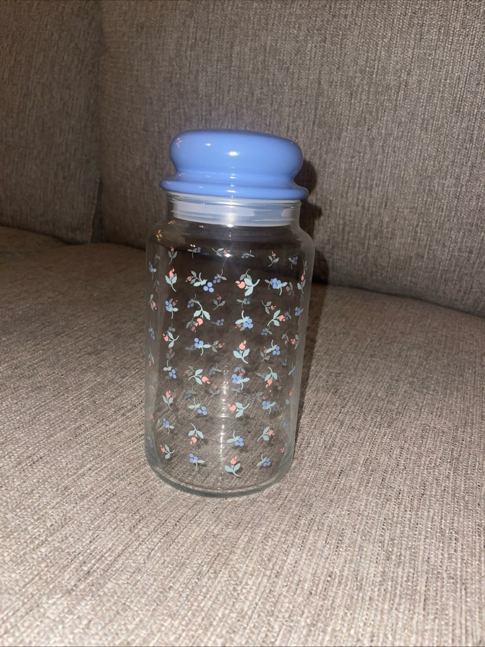 Vintage Glass Jar with Blue Floral Pattern and Lid Cottagecore Granny core
